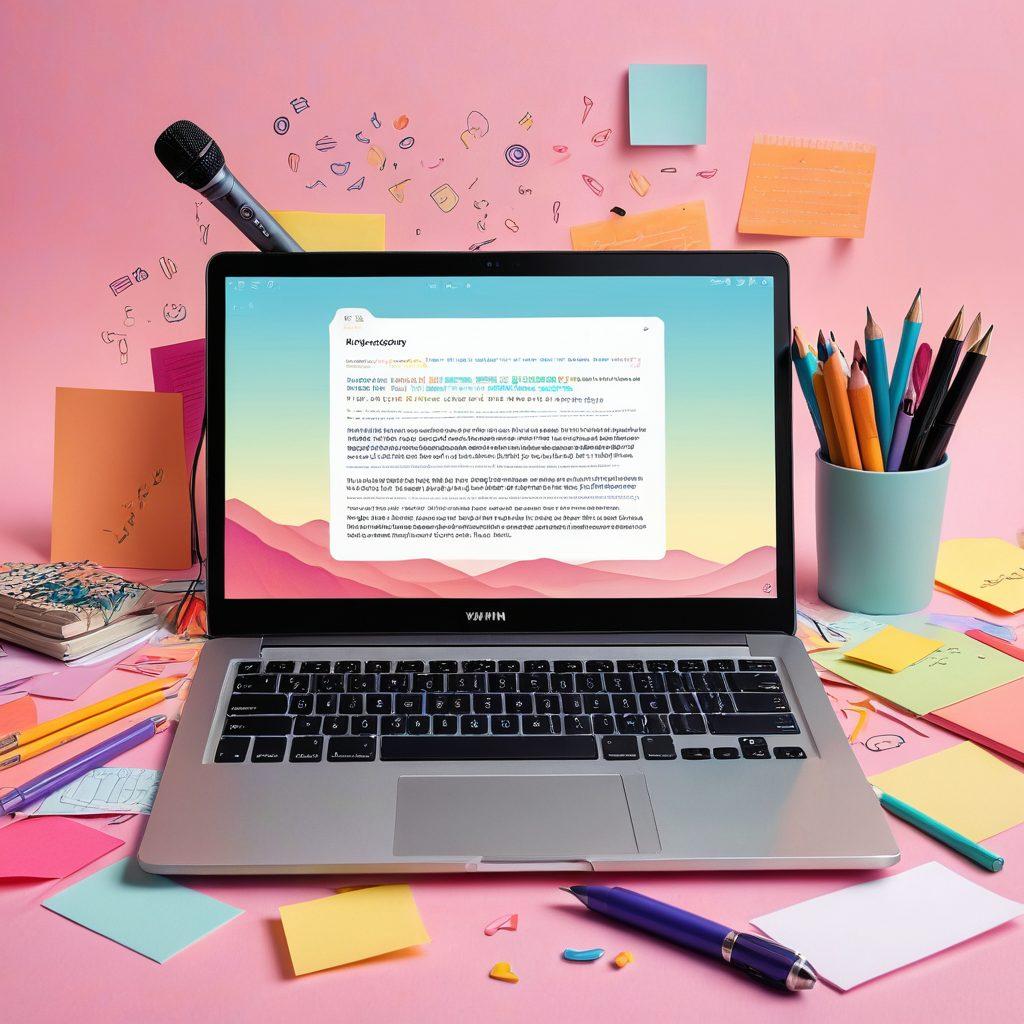 A vibrant collage of an open laptop with a blog post on one screen and colorful notes scattered around, illustrating creative ideas. Include a microphone symbolizing voice and expression, paired with whimsical doodles of pens and art supplies. The background should have a soft gradient of pastel colors to enhance creativity and warmth. super-realistic. vibrant colors. soft pastel background.