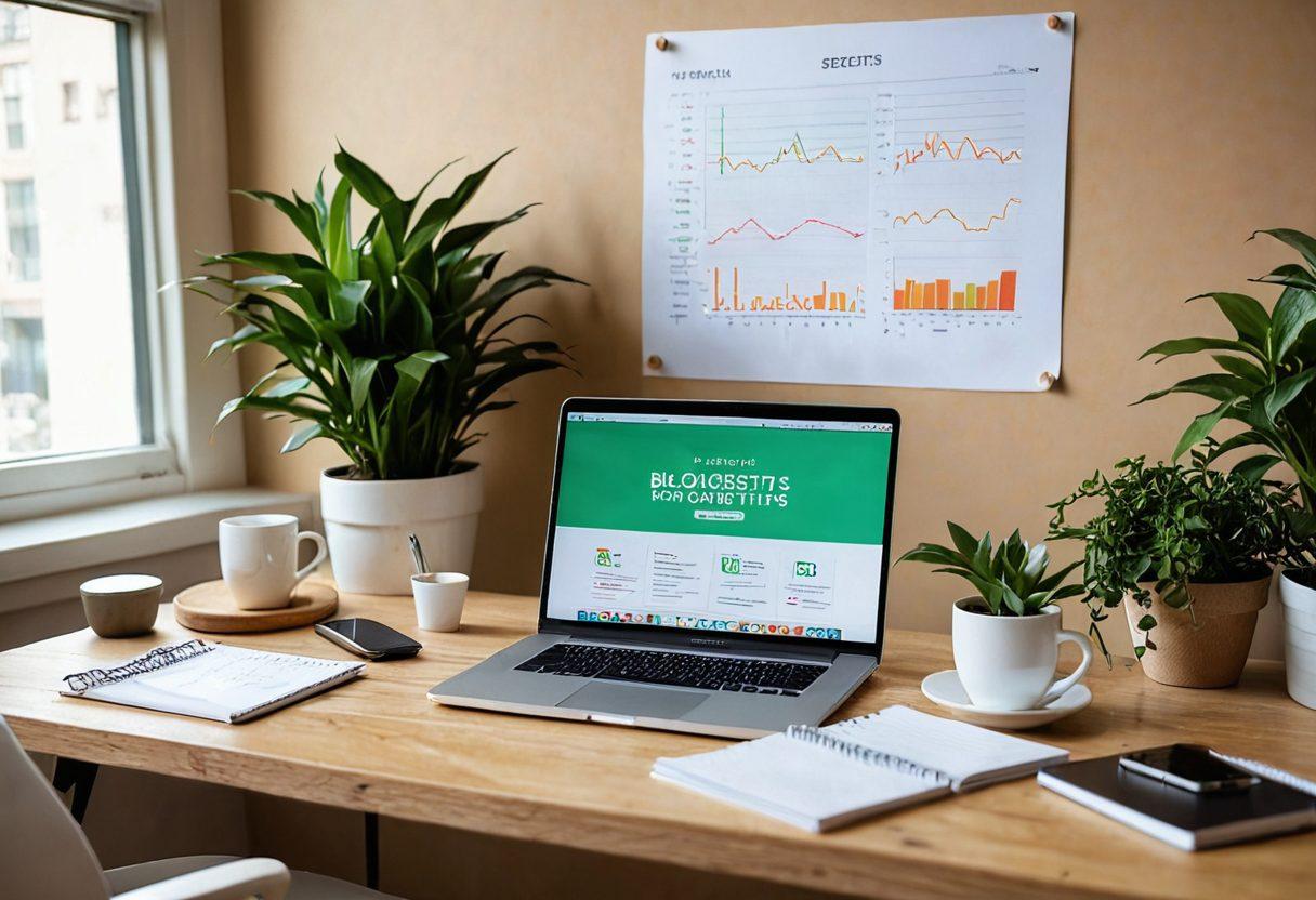 An eye-catching workspace featuring a glowing laptop screen displaying the words 'SEO Secrets and Blogging Tips' surrounded by colorful charts and graphs. Include a notepad with creative brainstorming ideas, a cup of coffee, and a plant for a fresh aesthetic. Soft ambient lighting in warm colors enhances the inviting atmosphere. super-realistic. vibrant colors. minimalistic background.